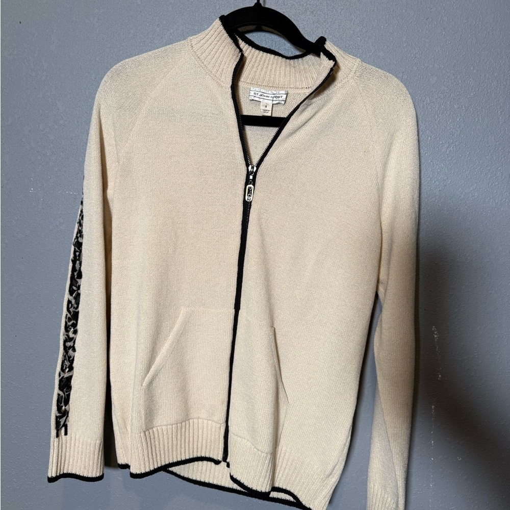 St. John Sport Wool Zip Up Sweater- Lace arms-‎ Small